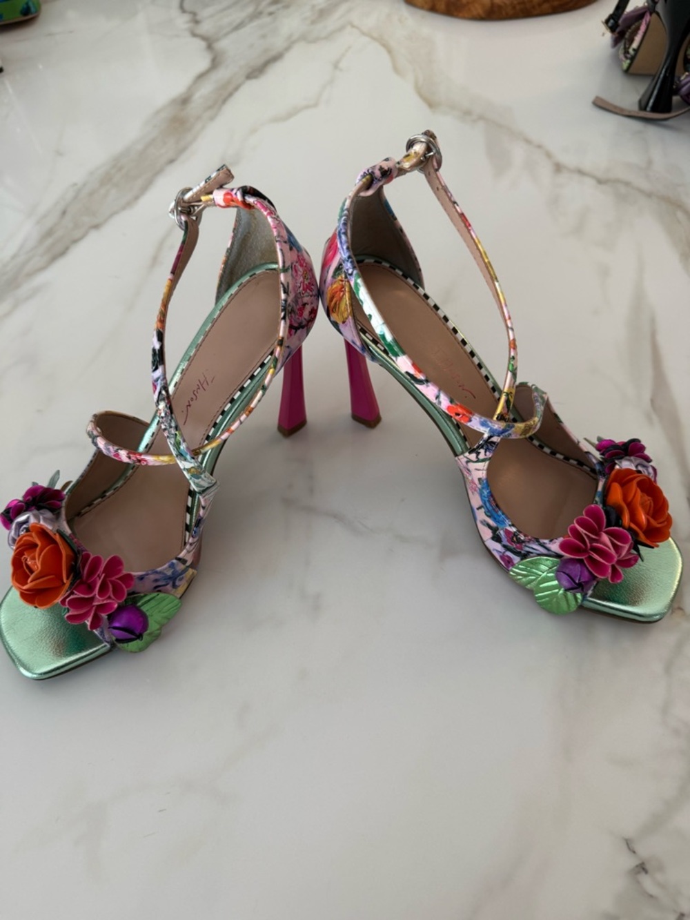 Betsey Johnson Metallic Green Floral Appliqué Strappy Heels - Picture 2 of 4